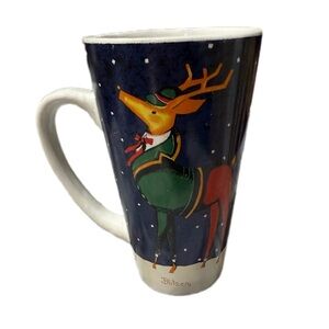 Festive Reindeer Coffee Mug – Blue & White Holiday Ceramic Cup